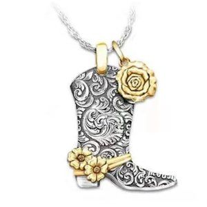 Pendant Necklace Western Cowgirl Boot Yellow Rose with Chain